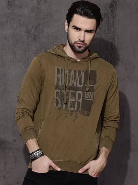 

Roadster Men Brown Printed Hooded Sweatshirt