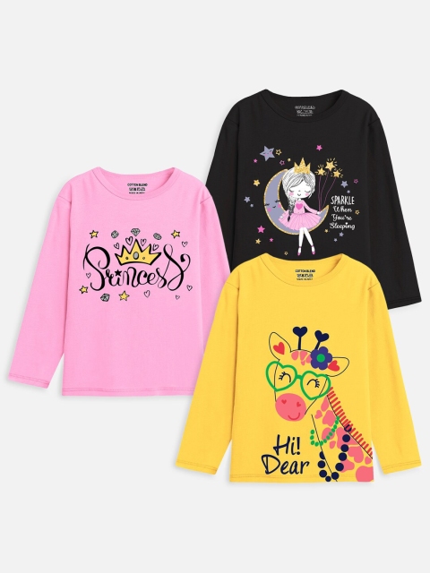 

Trampoline Girls Pink & Black Yellow Pack Of 3 Printed T-shirt