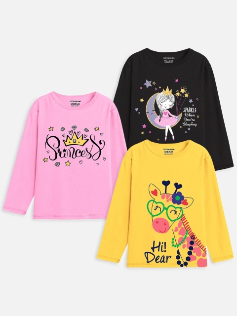 

Trampoline Girls Pink & Black Yellow Pack Of 3 Printed T-shirt