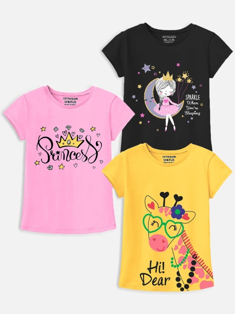 

Trampoline Girls Yellow & Pink Black Pack Of 3 Printed T-shirt