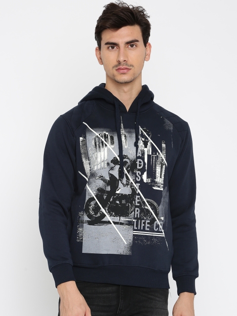 

Roadster Men Navy Printed Hooded Sweatshirt, Navy blue