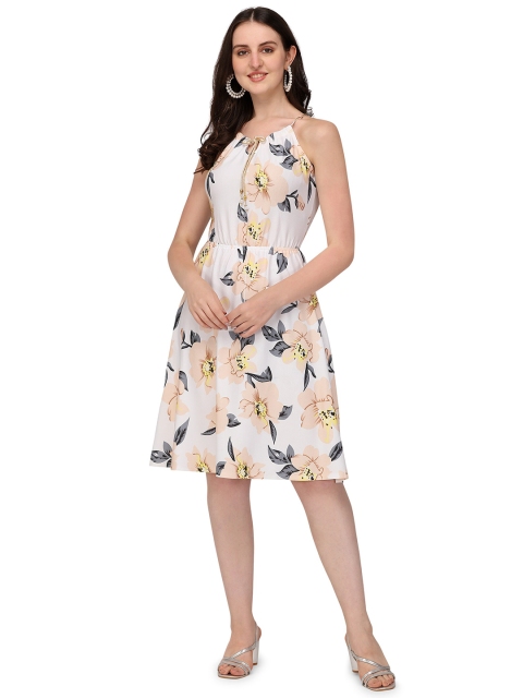 

JAPESH Women Cream & White Floral Polyester Shoulder Straps Dress