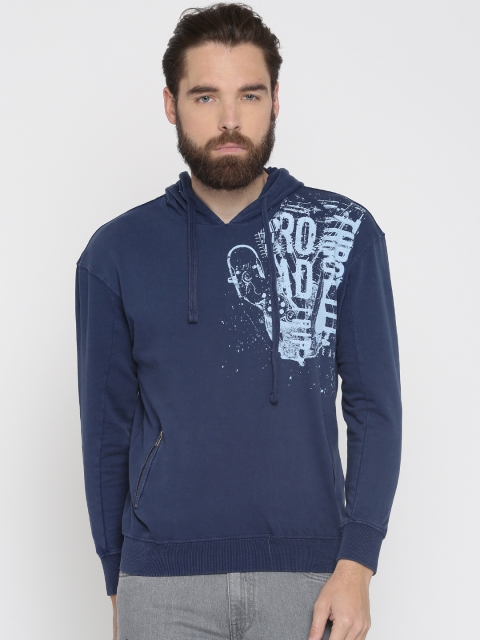 

Roadster Men Navy Printed Hooded Sweatshirt, Navy blue