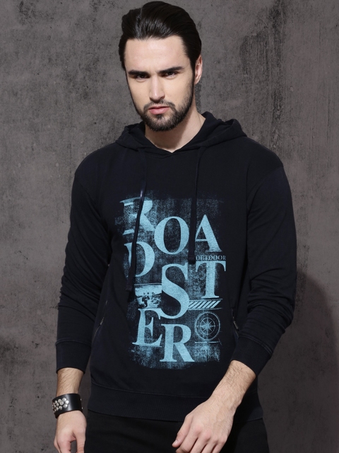 

Roadster Men Navy Printed Hooded Sweatshirt, Navy blue