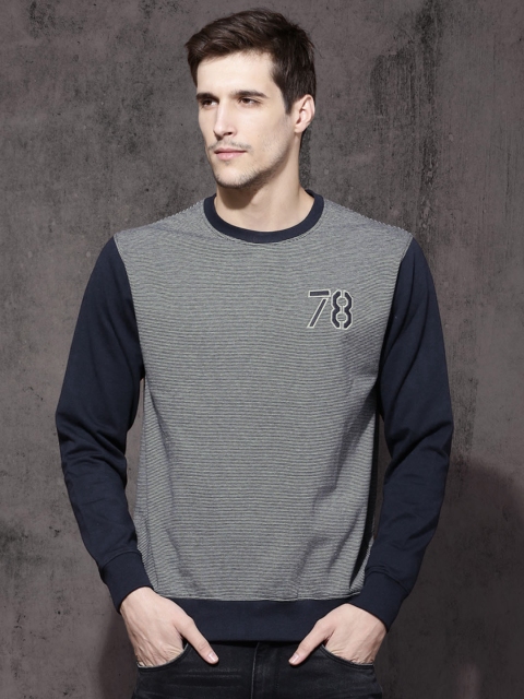 

Roadster Men Grey & Navy Striped Sweatshirt