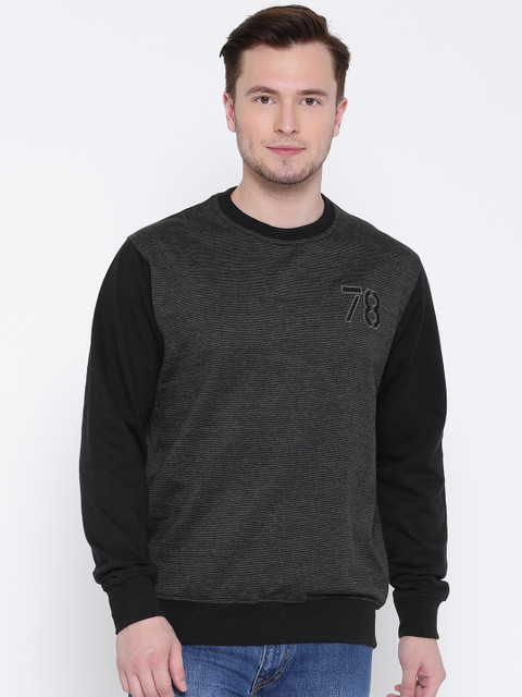 

Roadster Men Grey Melange & Black Striped Sweatshirt