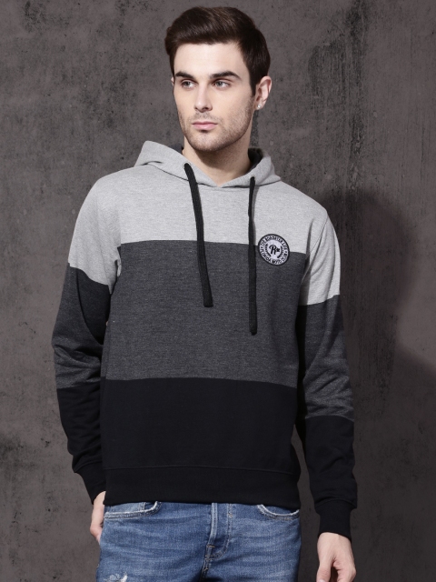 

Roadster Men Black & Grey Melange Colourblocked Hooded Sweatshirt