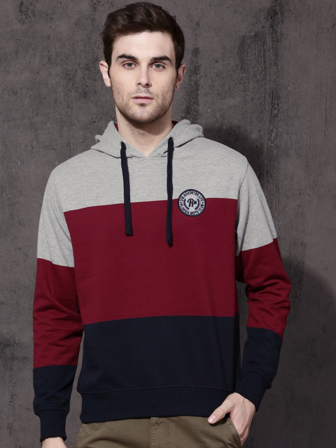 

Roadster Men Grey & Maroon Colourblocked Hooded Sweatshirt