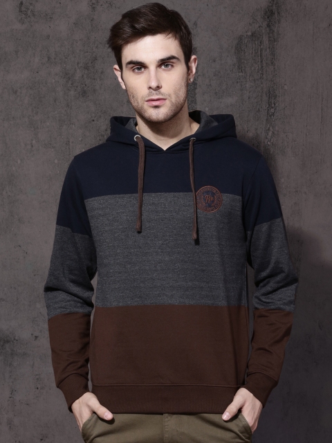 

Roadster Men Navy Blue & Charcoal Grey Colourblocked Hooded Sweatshirt