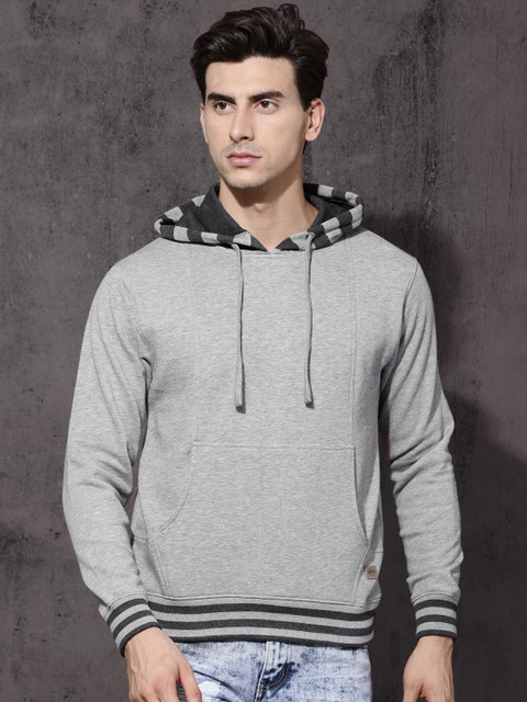 

Roadster Men Grey Melange Solid Hooded Sweatshirt