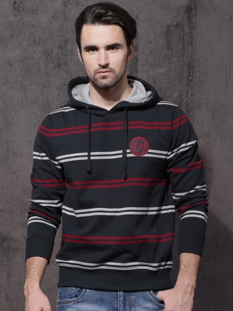 

Roadster Men Navy Striped Hooded Sweatshirt, Navy blue