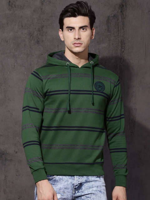 

Roadster Men Green Striped Hooded Sweatshirt