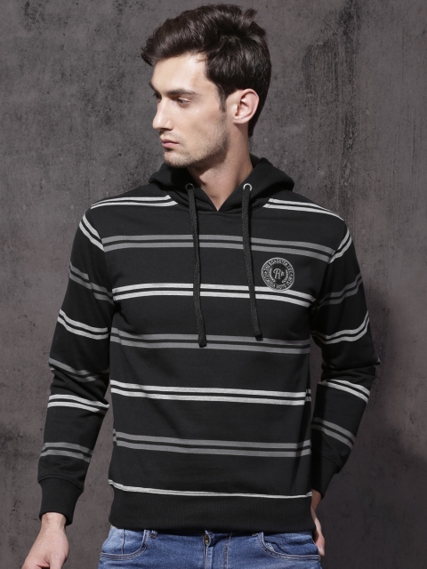 

Roadster Men Black & Grey Striped Hooded Sweatshirt