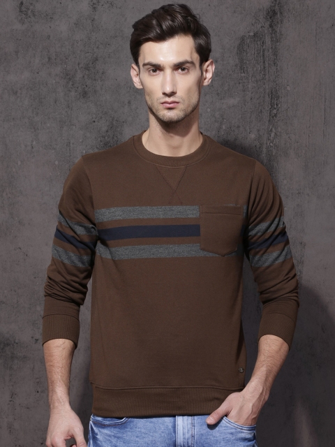 

Roadster Men Brown Striped Hooded Sweatshirt