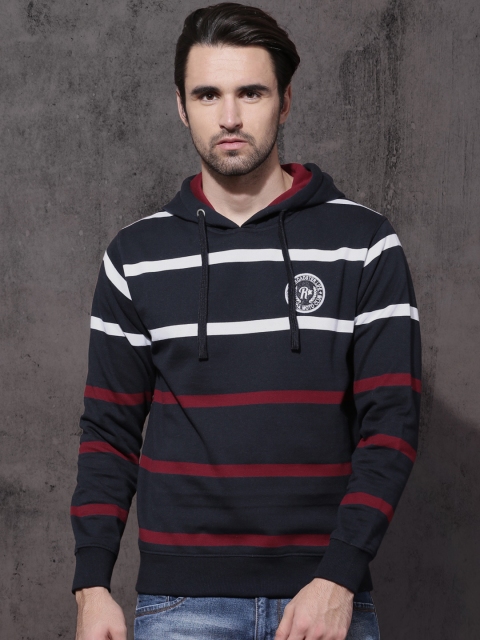 

Roadster Men Navy & Maroon Striped Hooded Sweatshirt, Navy blue
