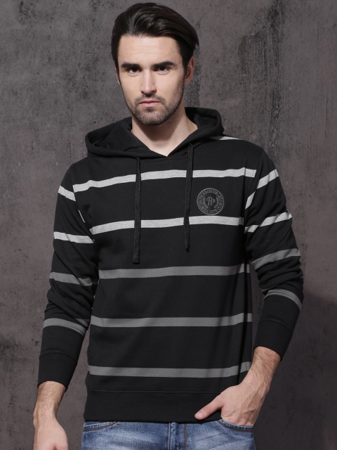 

Roadster Men Black & Grey Striped Hooded Sweatshirt