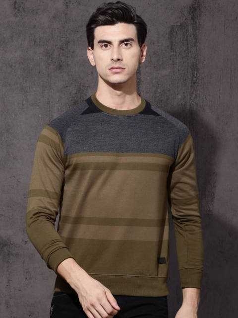 

Roadster Men Charcoal & Olive Green Colourblocked Sweatshirt