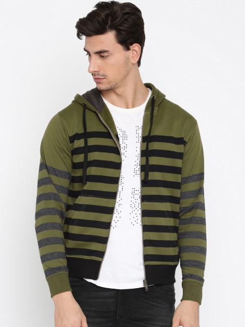 

Roadster Men Olive Green & Black Striped Hooded Sweatshirt