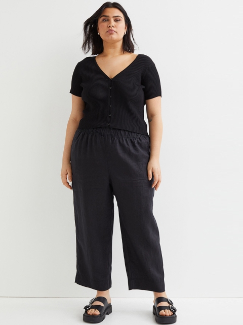 

H&M+ Women Black Ankle-Length Linen Trousers