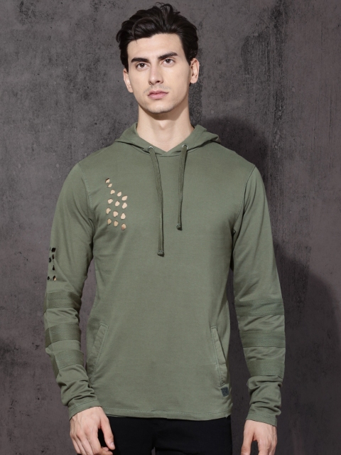 

Roadster Men Olive Green Solid Hooded Sweatshirt