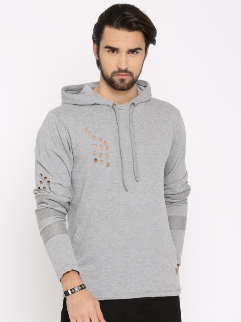 

Roadster Men Grey Solid Hooded Distressed Sweatshirt