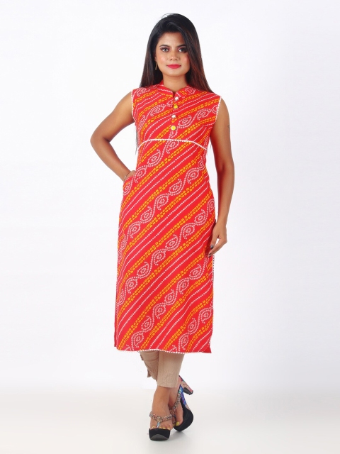 

GREEN DRAGONFLY Women Red & White Bandhani Printed Sleeveless A-Line Kurta