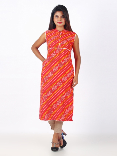 

GREEN DRAGONFLY Women Red & White Bandhani Printed Kurta
