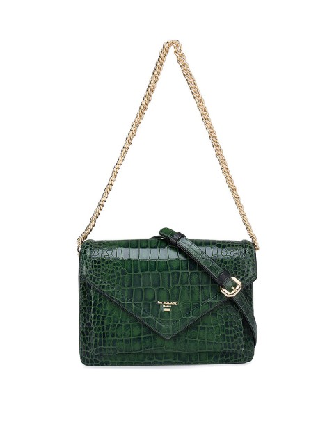 

Da Milano Green Textured Leather Structured Sling Bag with Quilted