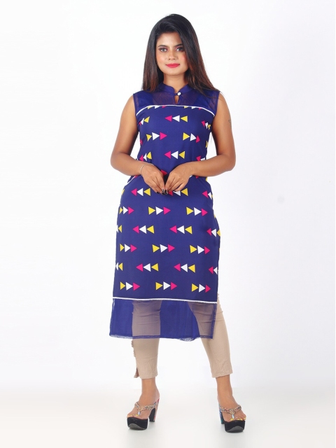 

GREEN DRAGONFLY Women Blue & White Geometric Printed Kurta