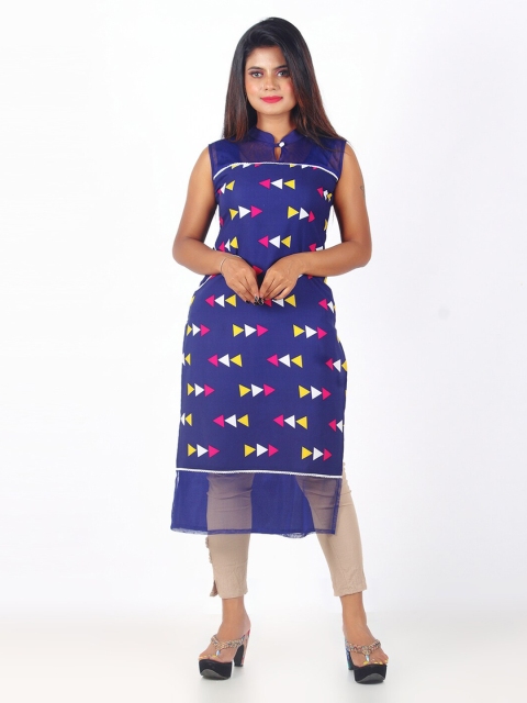 

GREEN DRAGONFLY Women Blue & White Geometric Printed Kurta