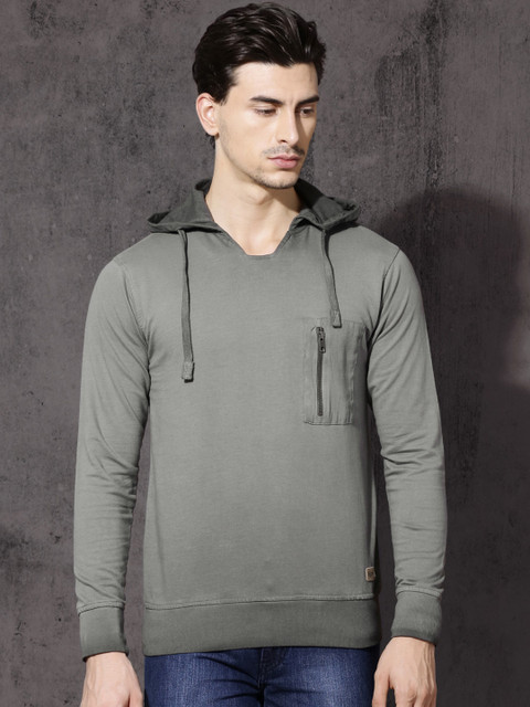 

Roadster Men Grey Solid Hooded Sweatshirt