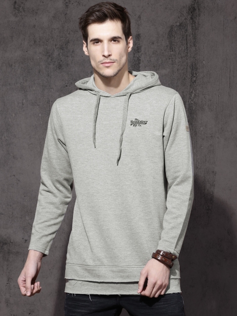 

Roadster Men Grey Melange Solid Hooded Sweatshirt