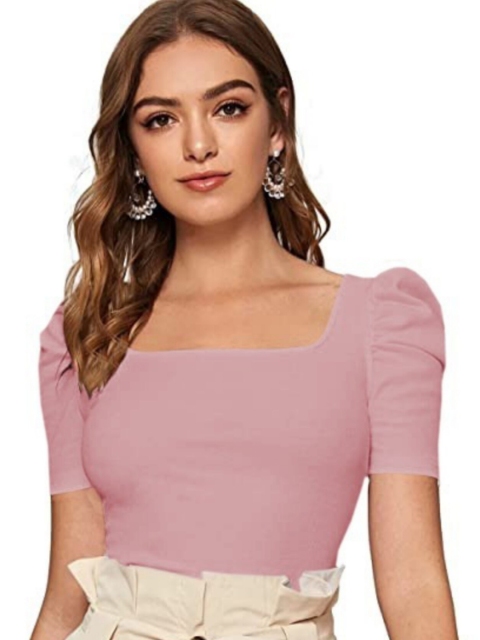 

Dream Beauty Fashion Women Peach Solid Square Neck Puff Sleeve Top