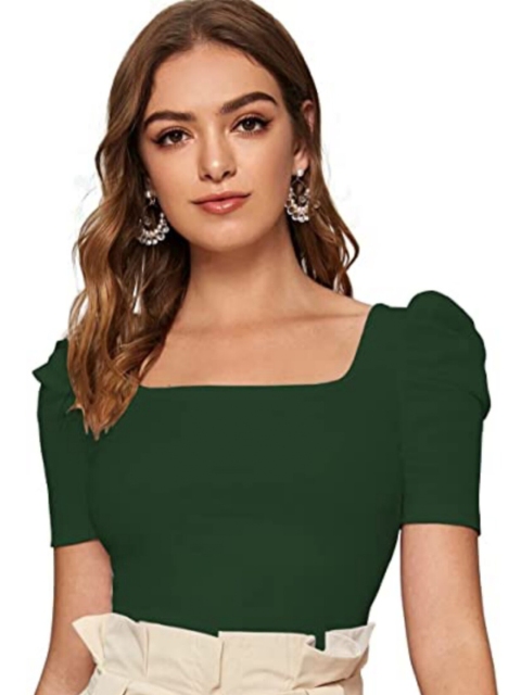 

Dream Beauty Fashion Women Solid Fitted Puff Sleeve Top, Green