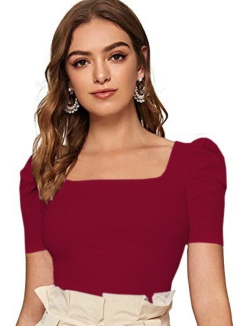 

Dream Beauty Fashion Women's Maroon Puff Sleeves Fitted Top