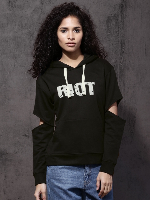 

Roadster Women Black Printed Hooded Sweatshirt with Slash Sleeves