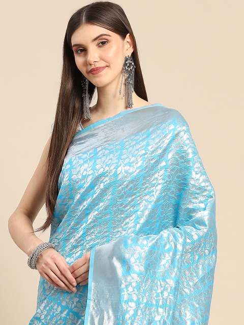 

Anouk Turquoise Blue & Silver-Coloured Floral Zari Silk Blend Banarasi Saree