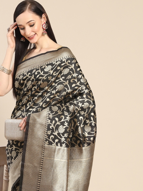 

Anouk Black & Golden Ethnic Motifs Zari Silk Blend Banarasi Saree