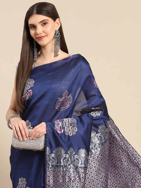

Anouk Navy Blue & Silver-Coloured Ethnic Motifs Silk Blend Banarasi Saree