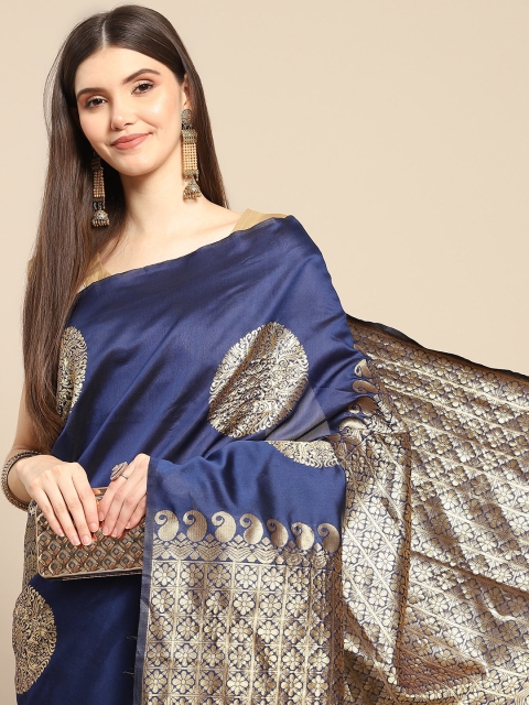 

Anouk Navy Blue & Golden Woven Design Zari Silk Blend Banarasi Saree