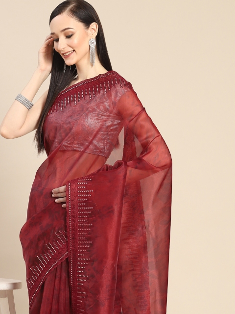 

Anouk Maroon Organza Saree With Embroidered Border