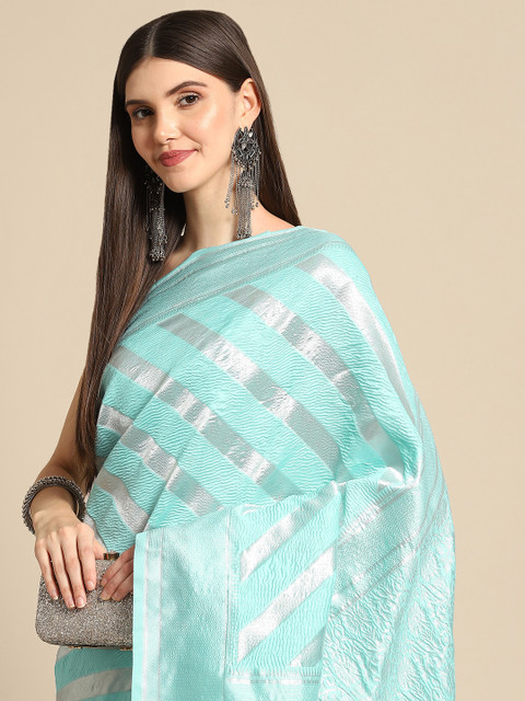 

Anouk Turquoise Blue & Silver-Coloured Striped Zari Silk Blend Banarasi Saree