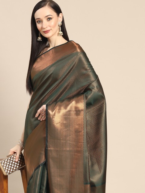 

Anouk Green & Golden Woven Design Zari Silk Blend Banarasi Saree