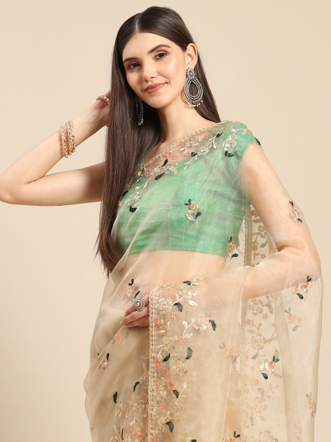 

Anouk Cream-Coloured & Green Floral Sequinned Organza Saree