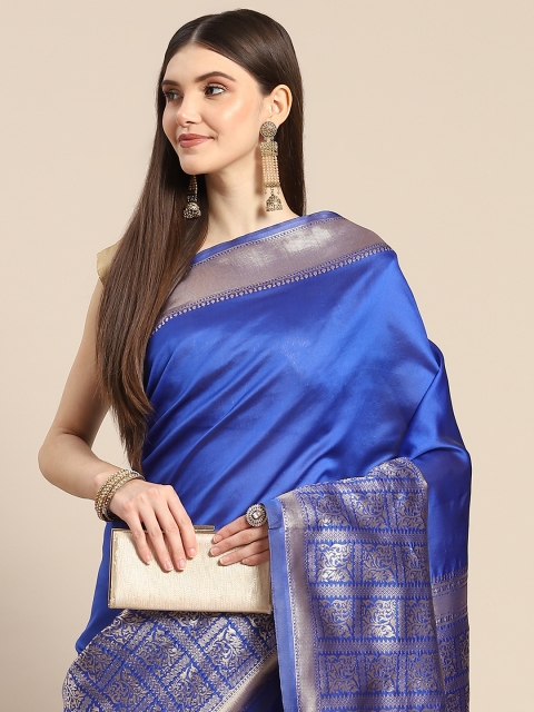 

Anouk Blue & Silver-Coloured Ethnic Motifs Zari Silk Blend Banarasi Saree