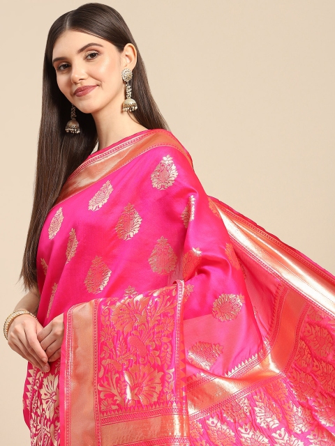 

Anouk Pink & Golden Ethnic Motifs Zari Silk Blend Banarasi Saree