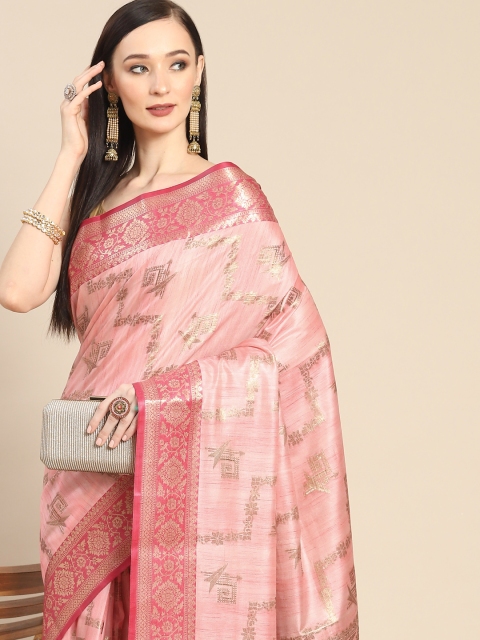 

Anouk Pink & Golden Woven Design Zari Silk Blend Banarasi Saree