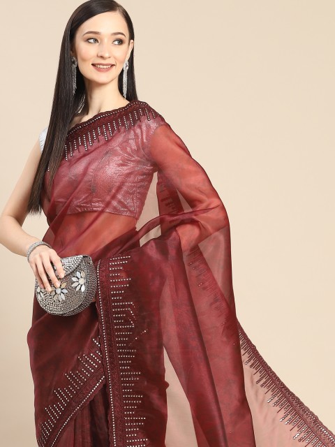 

Anouk Brown Printed Organza Saree With Embroidered Border