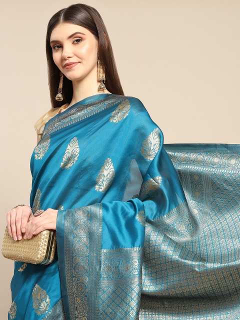 

Anouk Teal Blue & Golden Ethnic Motifs Zari Silk Blend Banarasi Saree