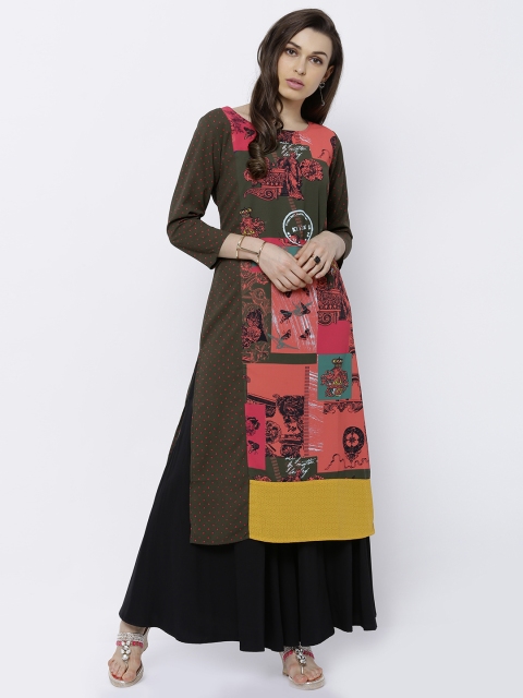 

Vishudh Women Olive Green & Pink Printed Straight Kurta
